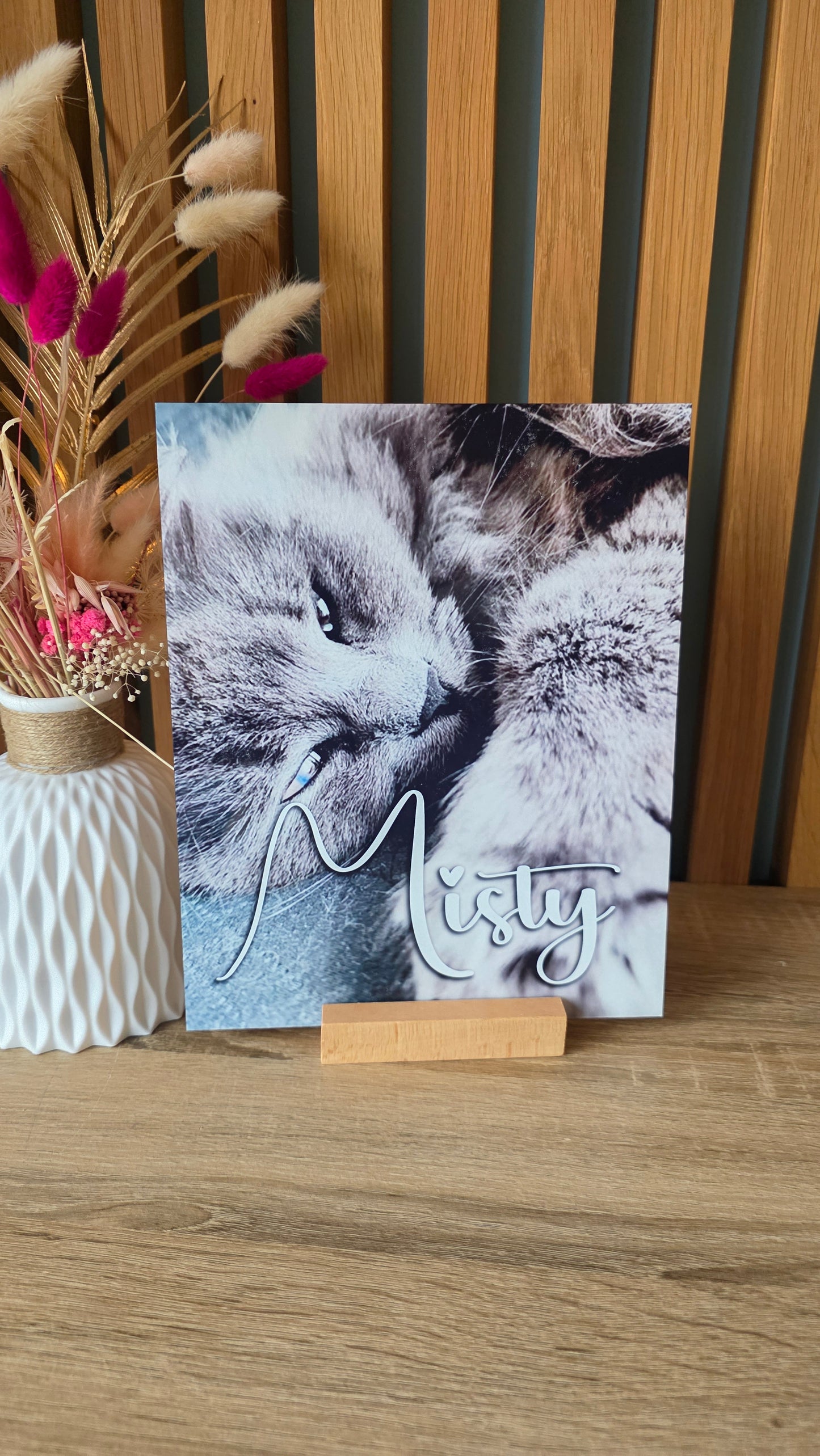 🐾 Plaque en métal personnalisée – Souvenir animal (texte au choix) ( avec support en bois inclus )