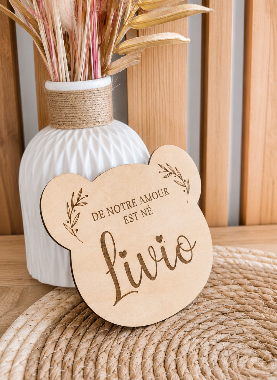 Ourson en bois annonce naissance