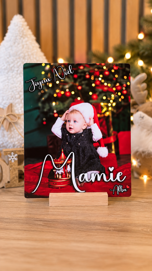 Plaque Métal de Noël Personnalisée avec support en bois