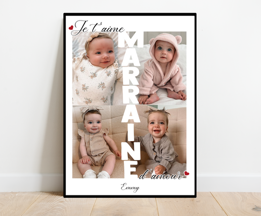 Je t'aime MARRAINE d’amour - Affiche personnalisée