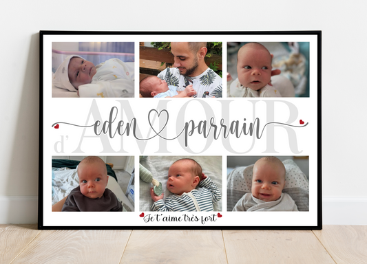 Affiche personnalisée - Prénom FILLEUL(E) & PARRAIN • Cadre personnalisé