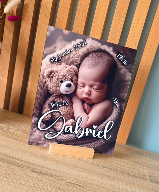 Plaque souvenir de naissance ( avec support en bois inclus )