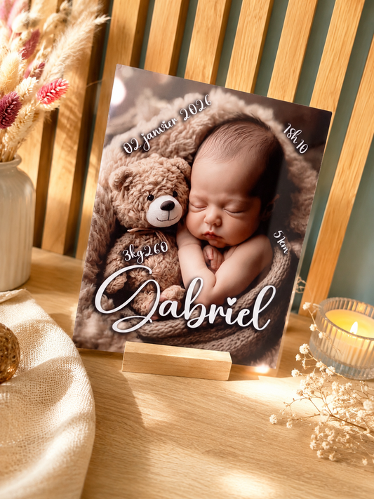 Plaque souvenir de naissance ( avec support en bois inclus )