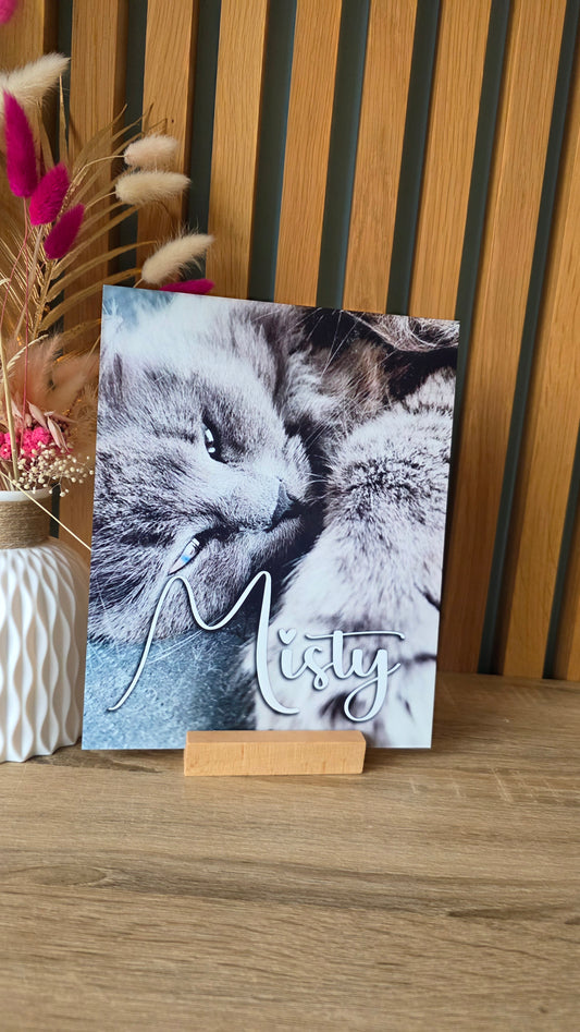 🐾 Plaque en métal personnalisée – Souvenir animal (texte au choix) ( avec support en bois inclus )