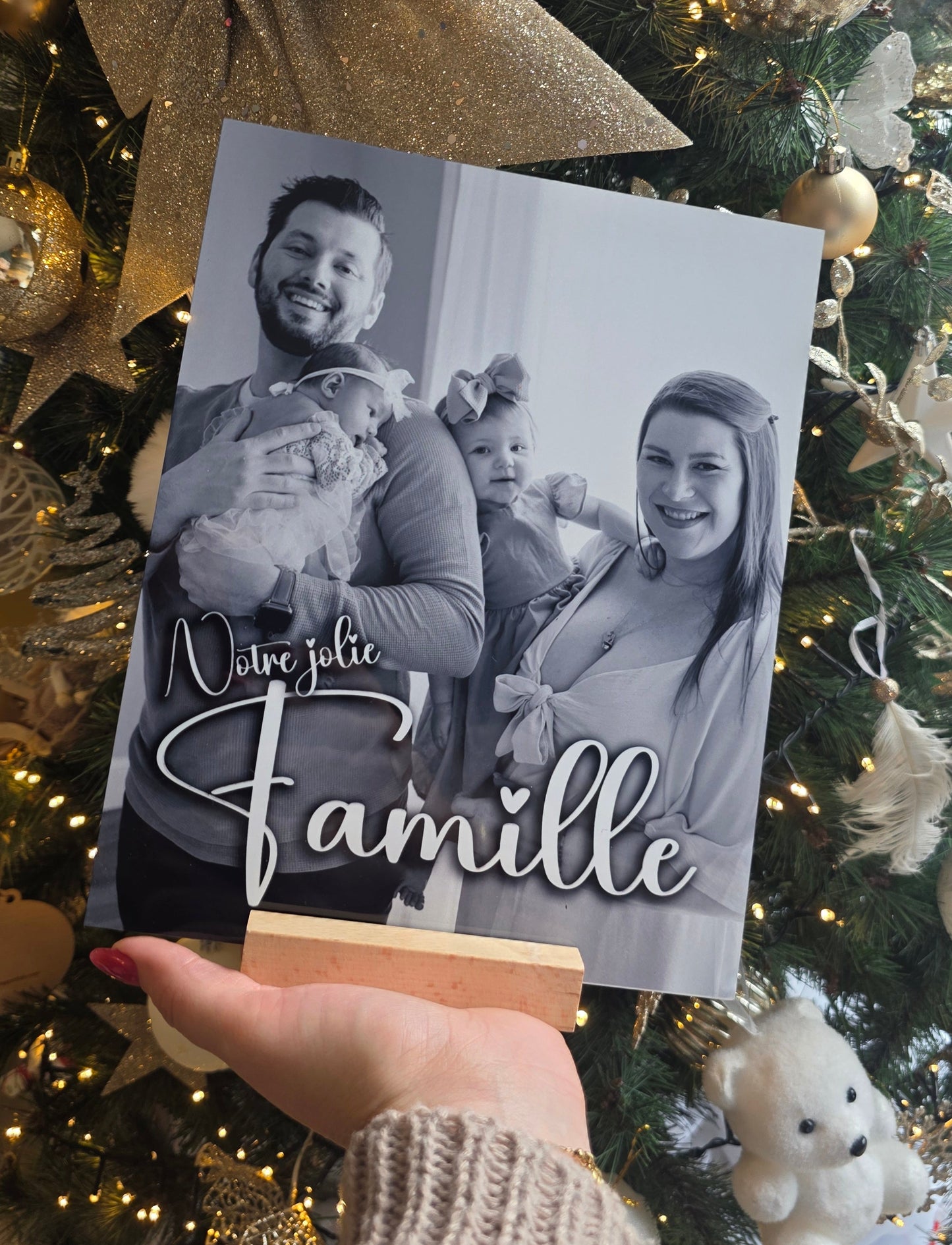 Plaque Metal Notre jolie famille  ( avec support en bois inclus )